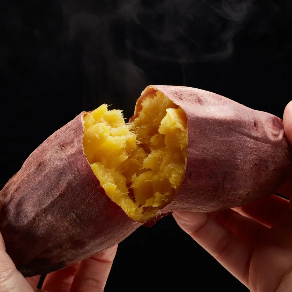 Batata-doce cozida e fatiada saindo vapor
